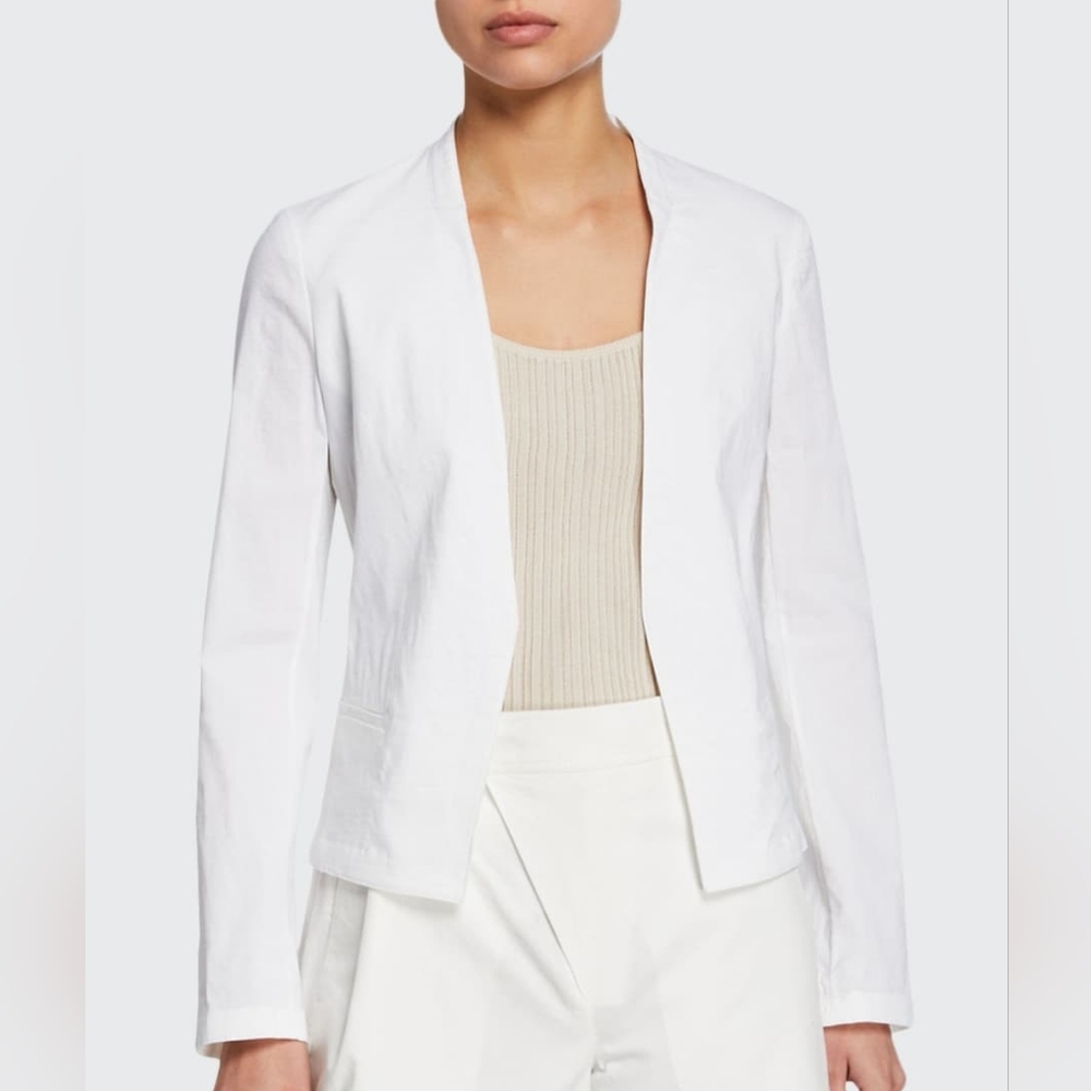 THEORY White Linen Blazer Eco Crunch Wash Open Front Size 0 Clean Minimalist